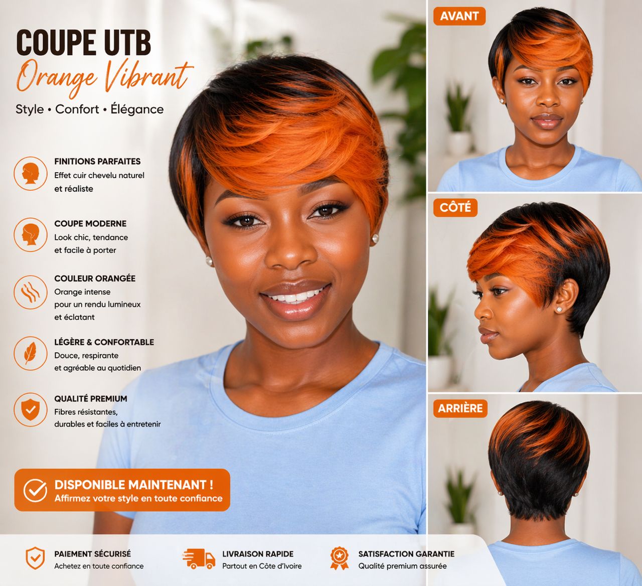 Perruque courte coupe UTB en orange lumineux