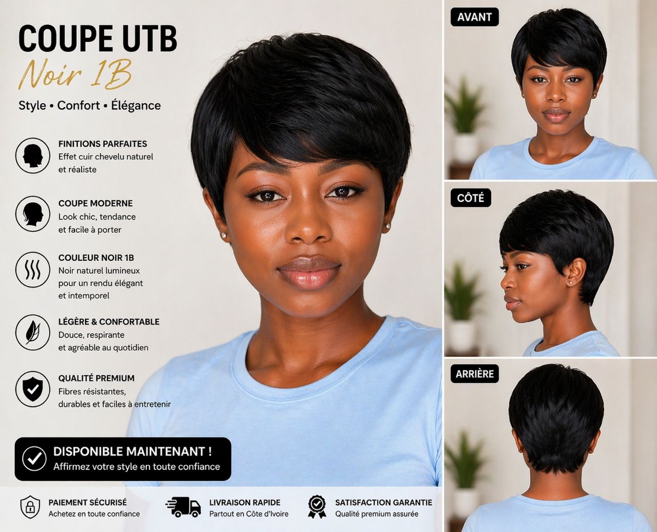Perruque courte coupe UTB en noir