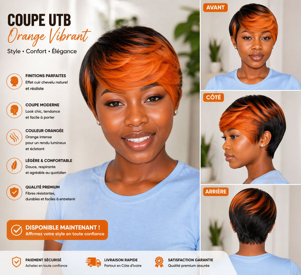 Perruque courte coupe UTB en orange lumineux