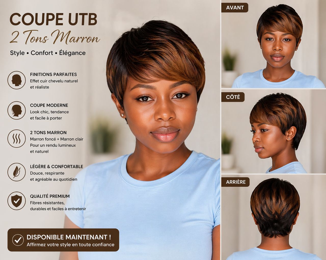 Perruque courte coupe UTB en 2 thon marron