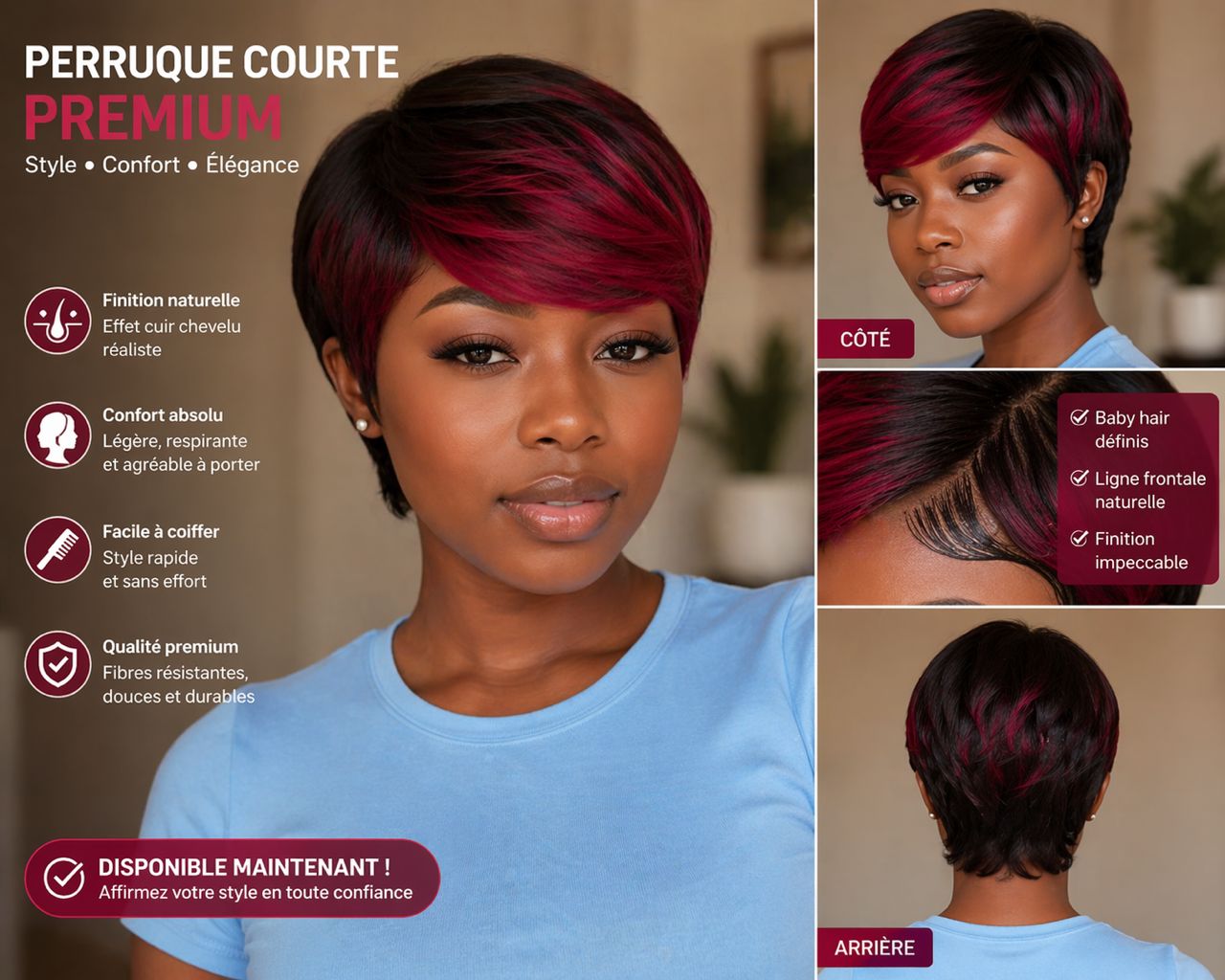 Perruque courte coupe UTB en 2 thon rouge